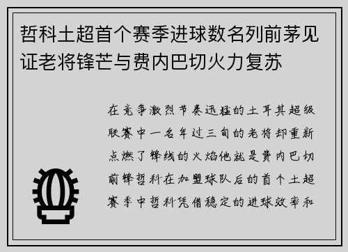 哲科土超首个赛季进球数名列前茅见证老将锋芒与费内巴切火力复苏